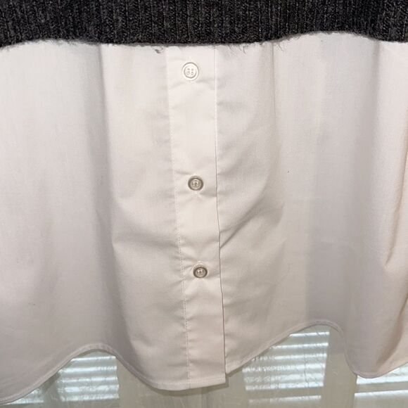 Halston M Charcoal Gray White Cotton Shirt Combo Knit Mock Neck Sweater - Picture 7 of 14
